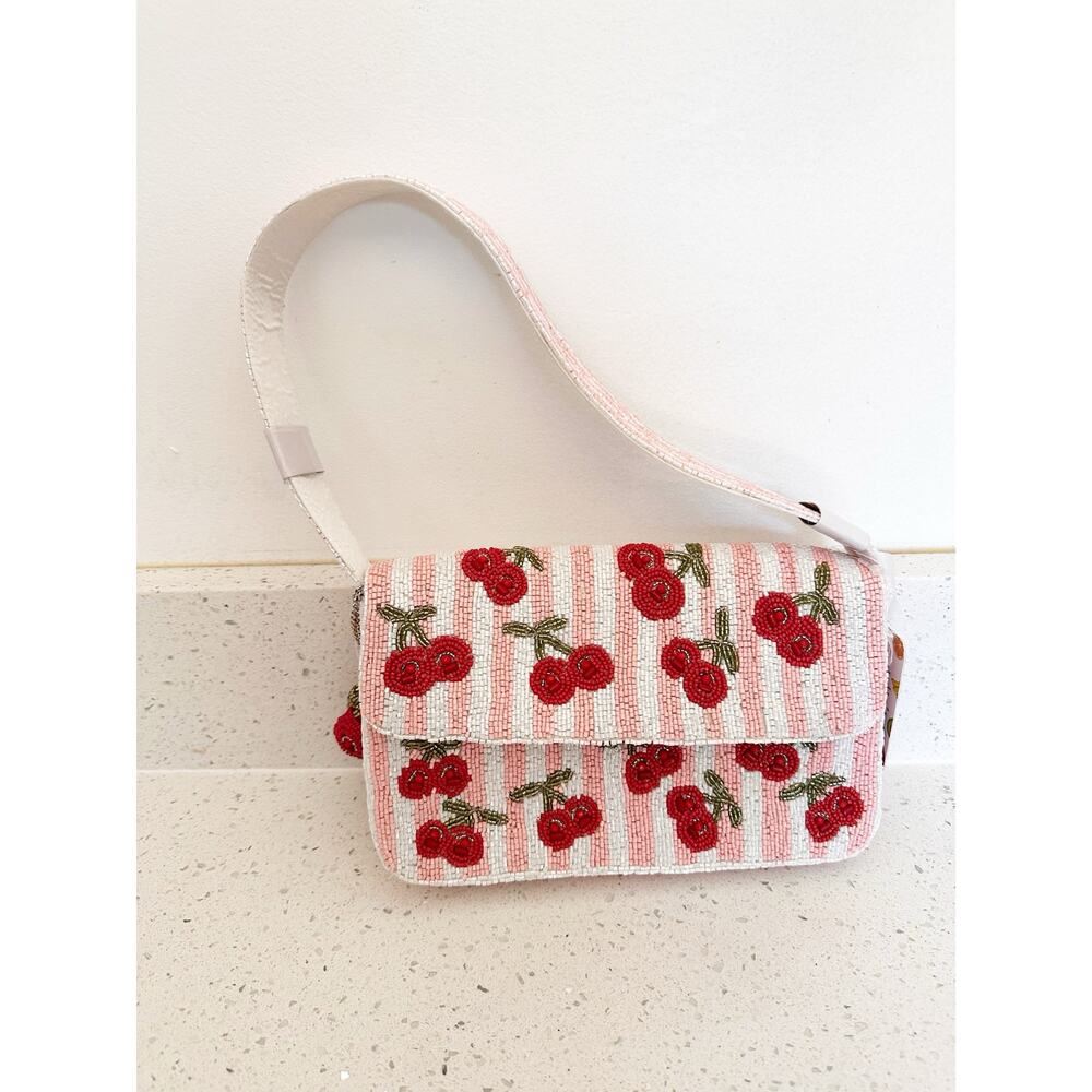 Hand Beaded Cherry Shoulder Flap Bag Red Handmade India Novelty Fruit Statement